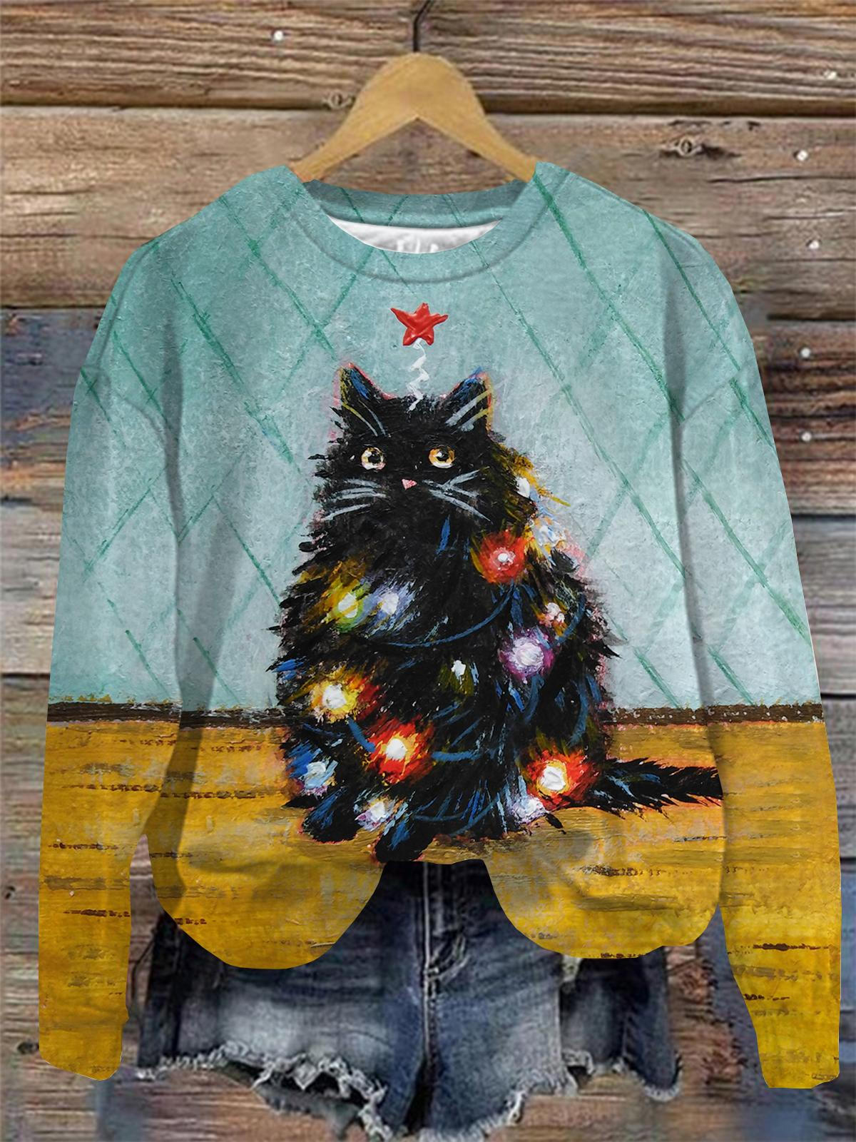 Christmas Lights Cat Print Round Neck Long Sleeve Top