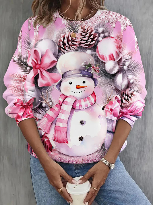 Women's Pink Christmas Snowman Print Top