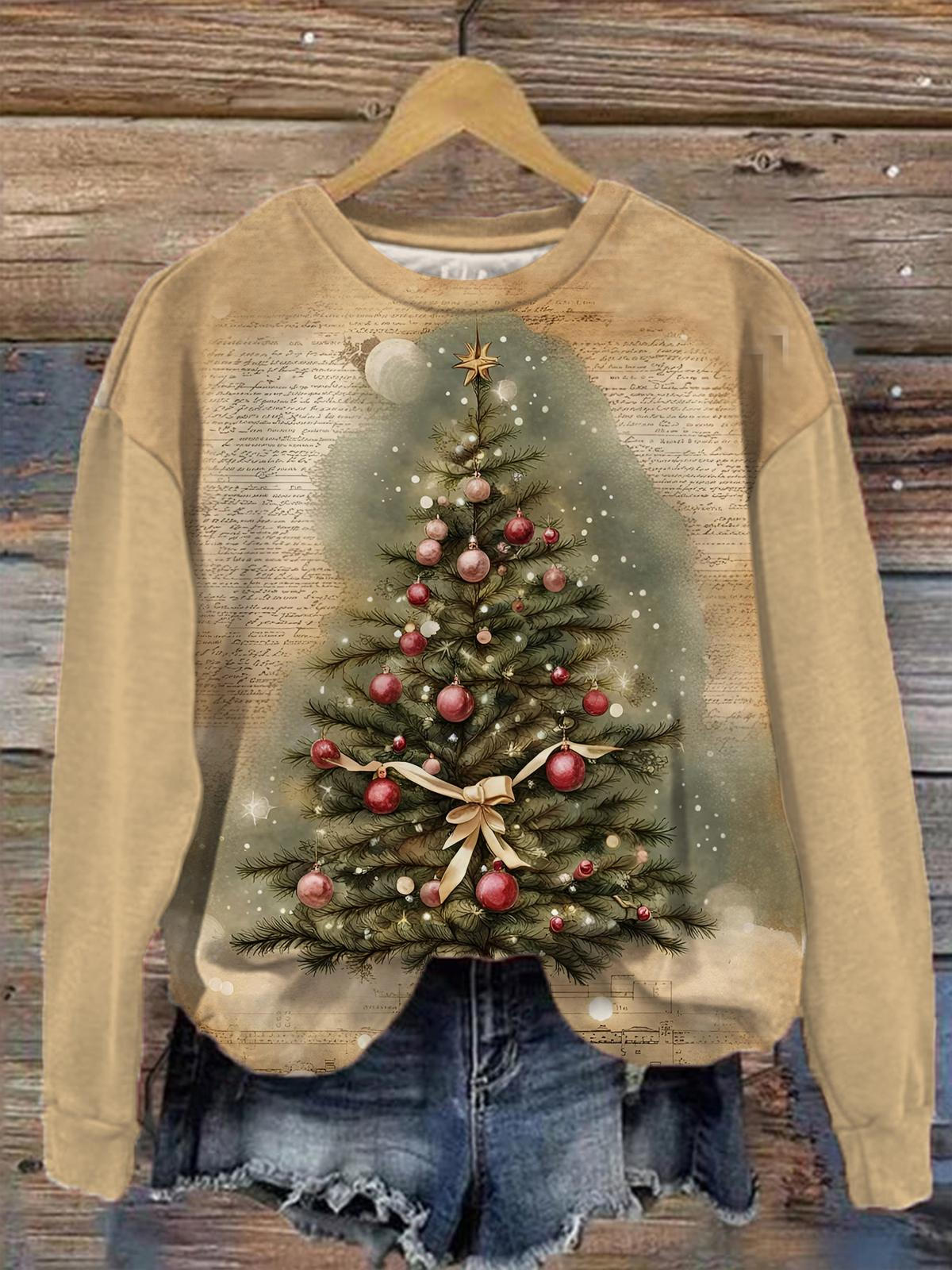 Women's Retro Christmas Tree Print Crew Neck Long Sleeve Top