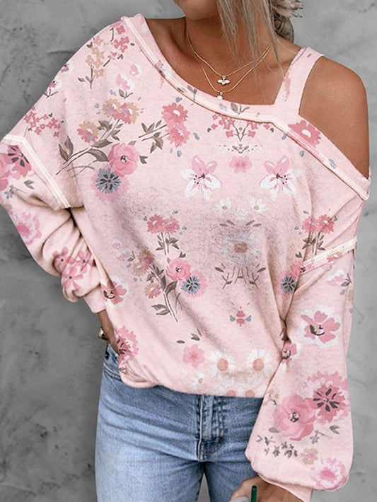 Women's Pink Floral Print Off Shoulder Long Sleeve Top