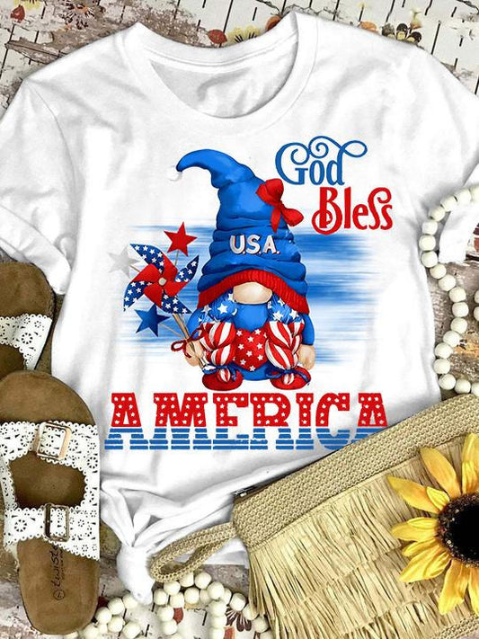 Patriotic Gnome Print Round Neck Short Sleeve T-Shirt