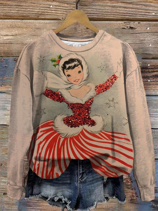 Retro Dancing Girl Printed Crew Neck Top