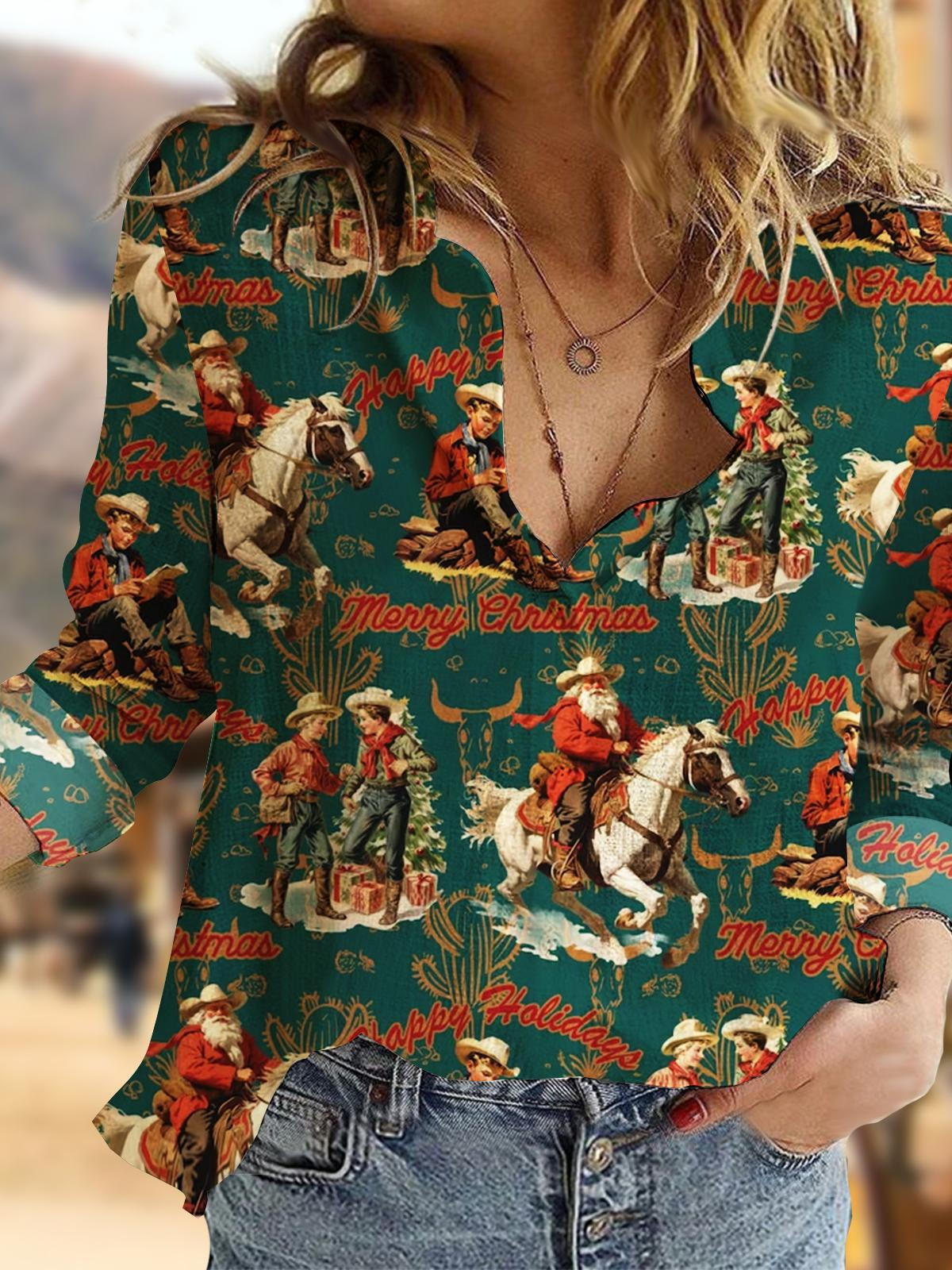 Women's Western Christmas Printed Casual Shirt