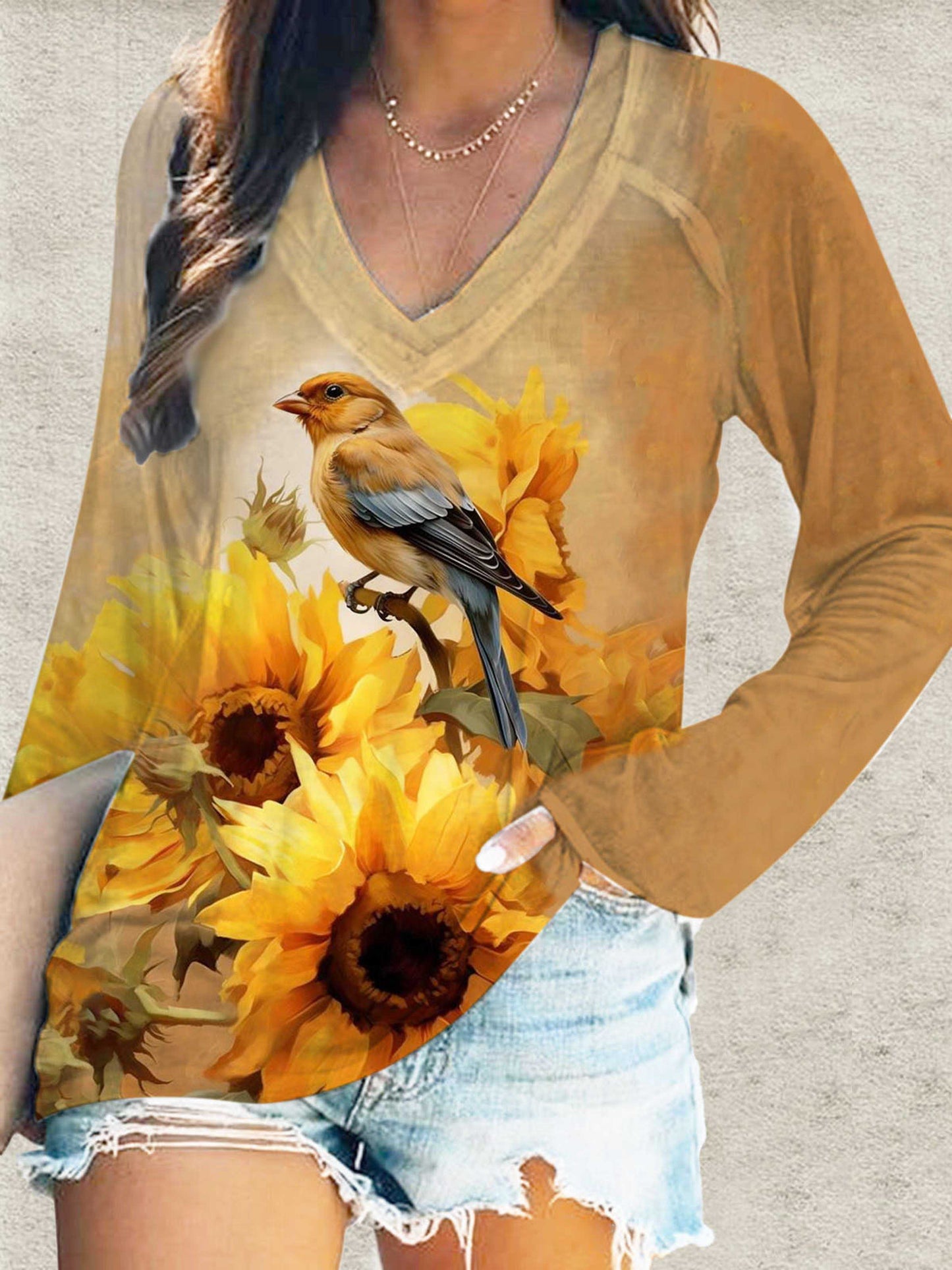 Sunflower and Birds V-Neck Long Sleeve T-Shirt