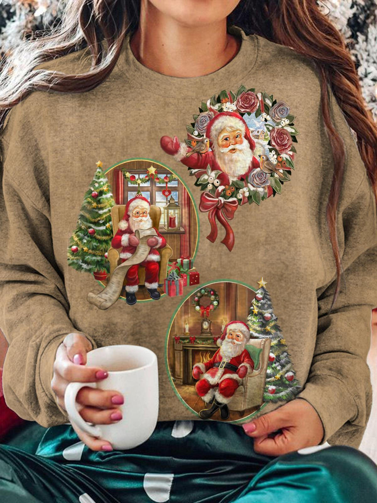 Santa Claus Print Round Neck Long Sleeve Top