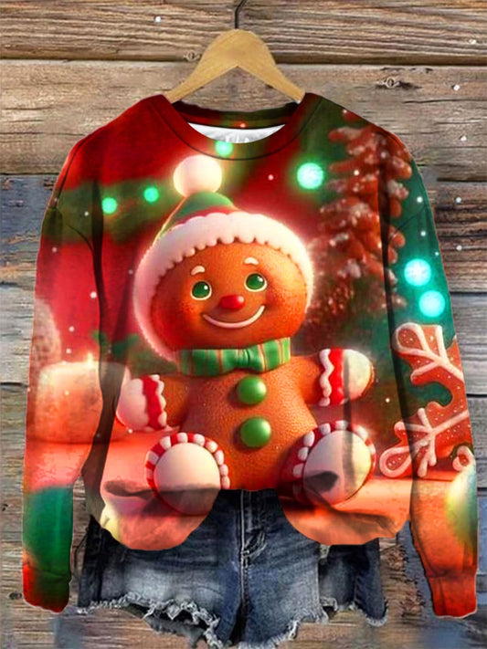 Women's Gingerbread Man Print Crew Neck Long Sleeve Top