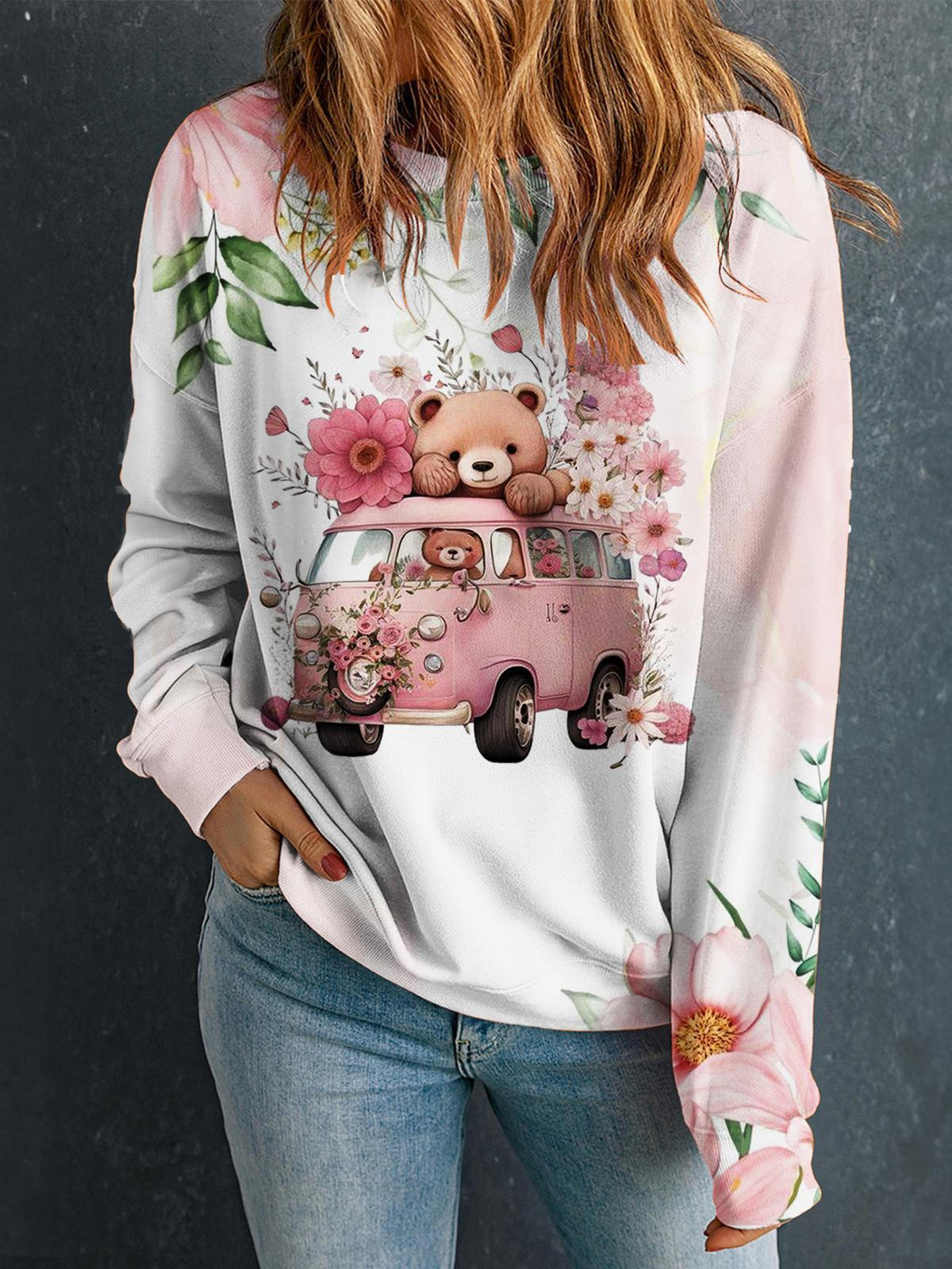 Teddy Bear Pink Bus Print Round Neck Long Sleeve Top