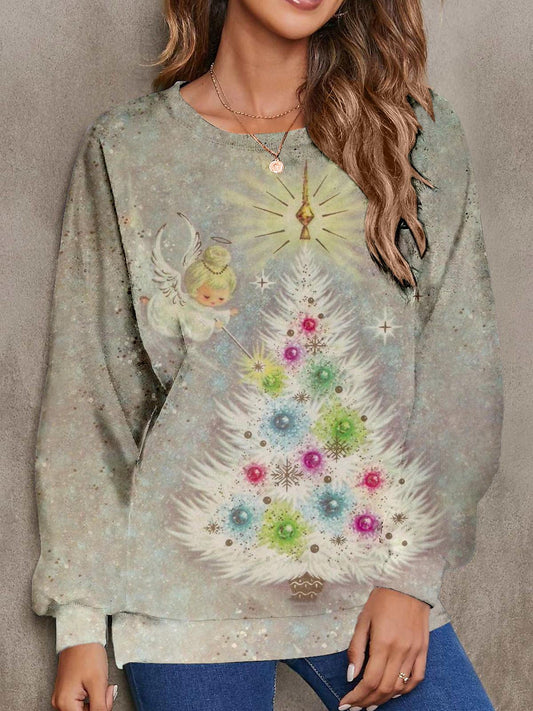 Angel And White Christmas Tree Long Sleeve Top