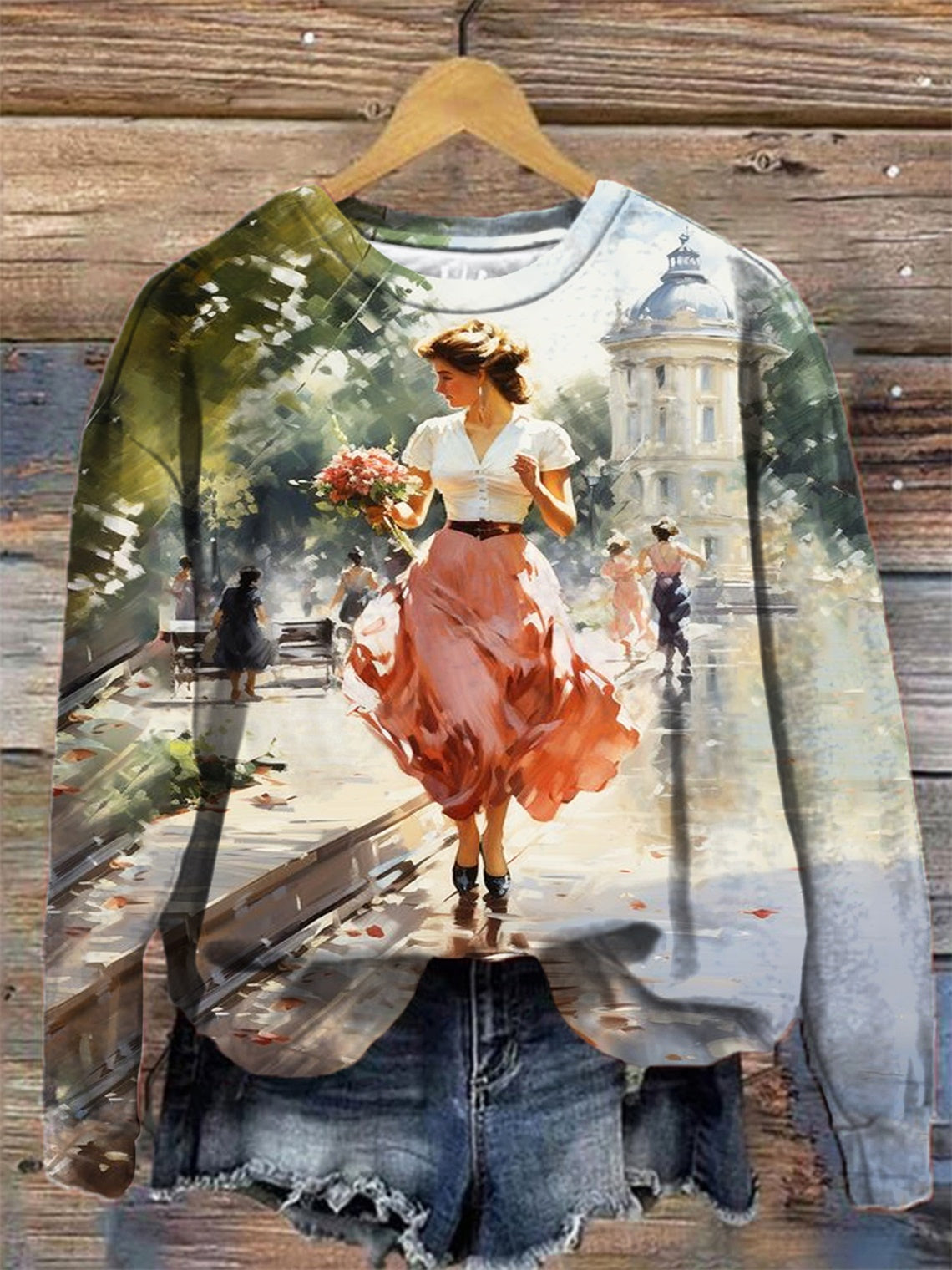 Women's Oil Painting Art Print Round Neck Long Sleeve Top