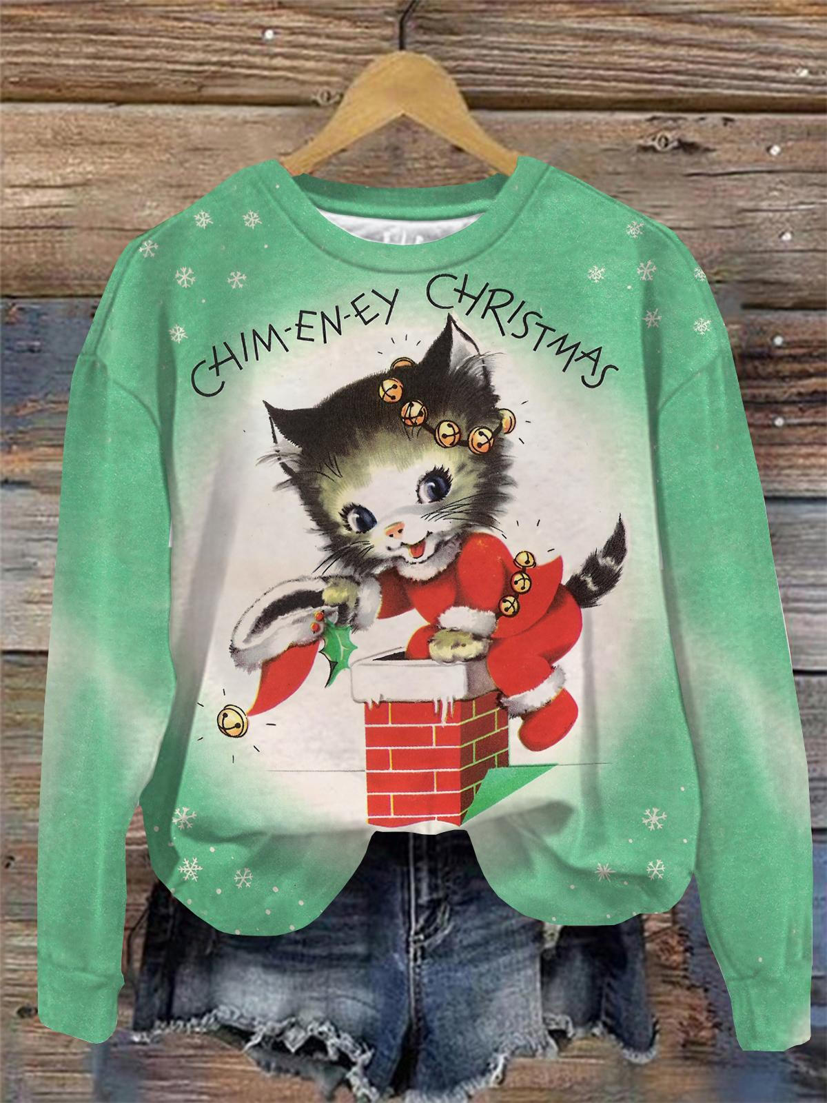 Christmas Cat Print Round Neck Long Sleeve Top