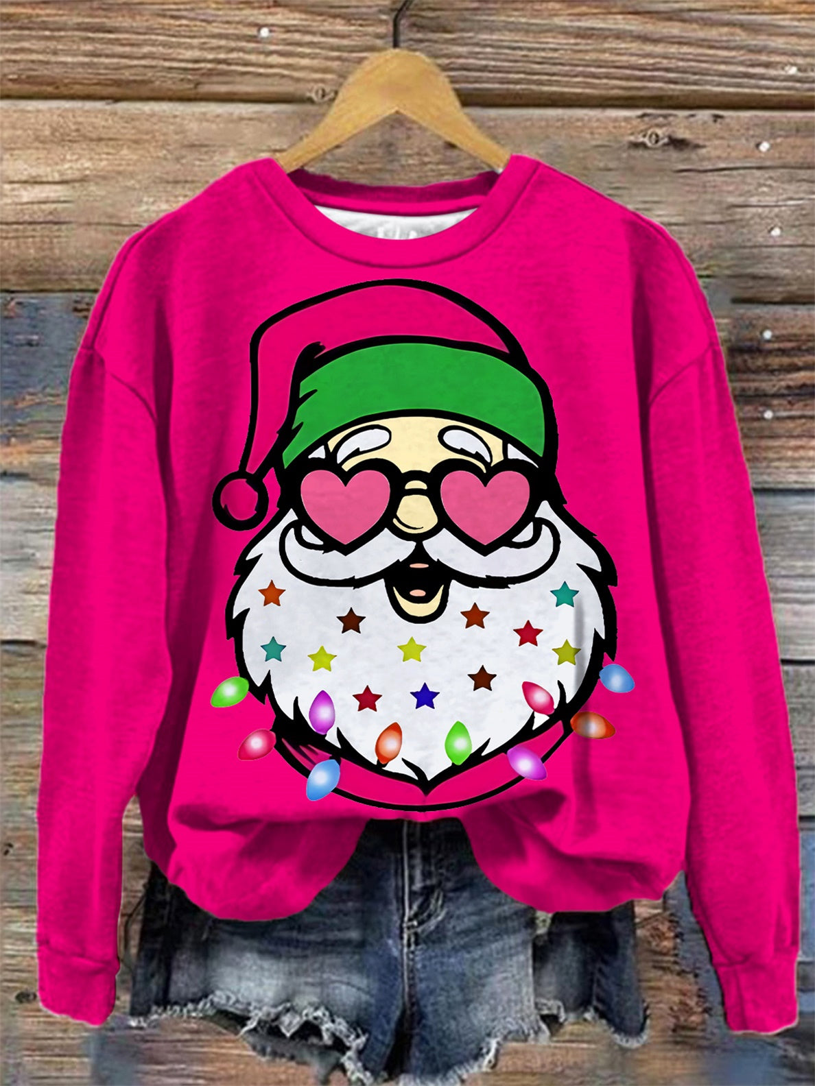 Santa with Sunglasses Print Casual Round Neck Long Sleeve Top