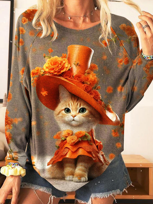 Women's Funny Floral Cat Print Long Sleeve Top