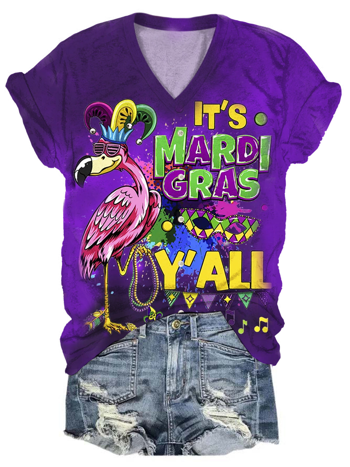 Mardi Gras Print V-Neck Short Sleeve T-Shirt