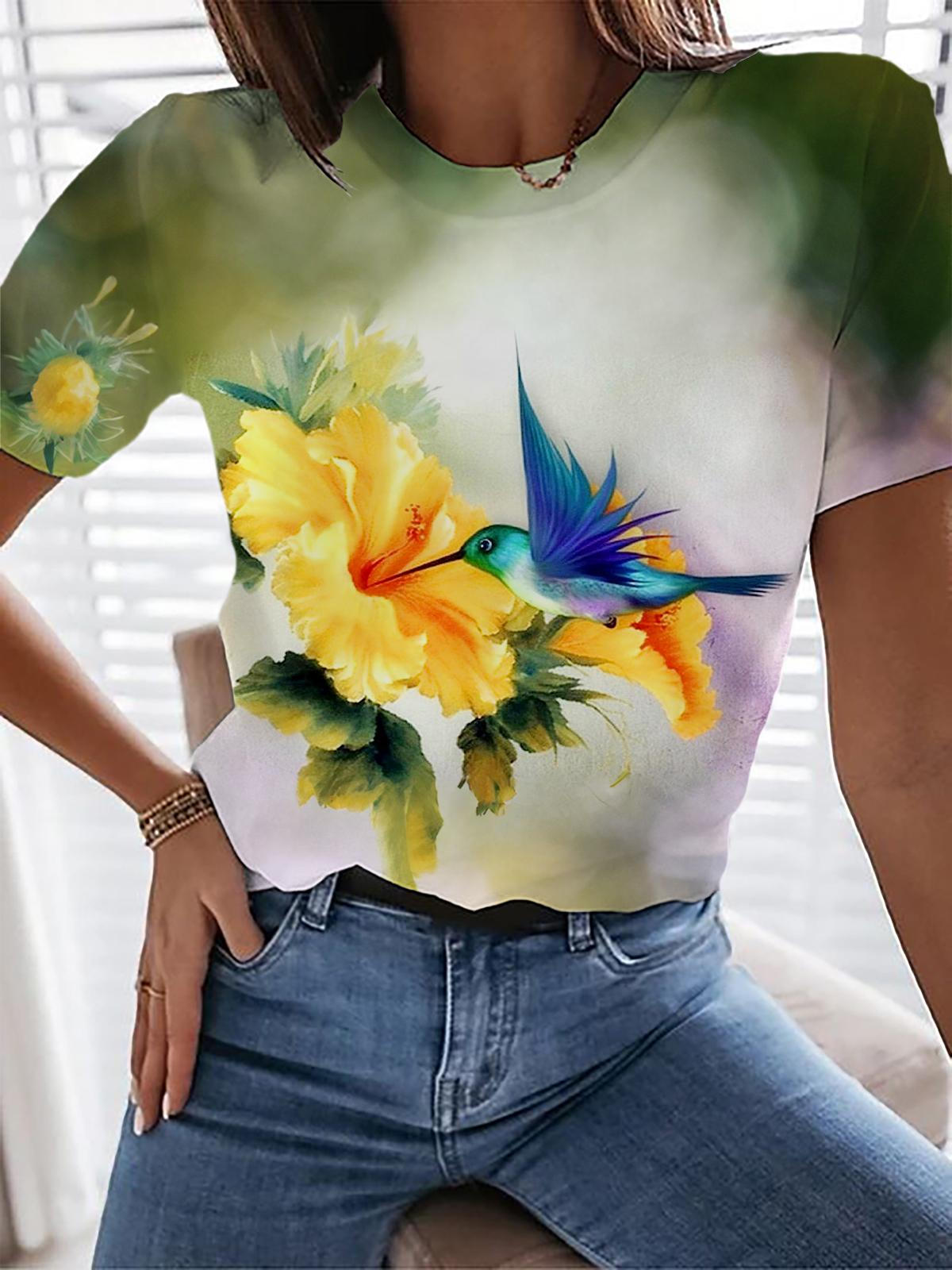 Hummingbird Rosa Chinensis Flower Print Casual T-shirt