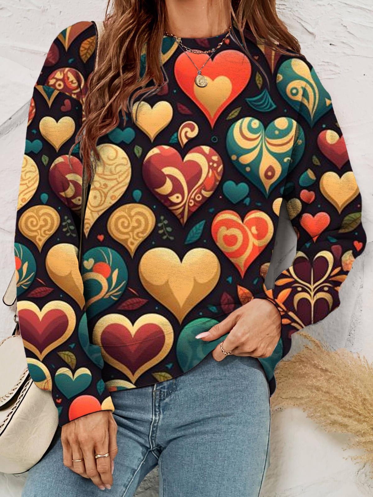 Women's Heart Print Round Neck Long Sleeve Top