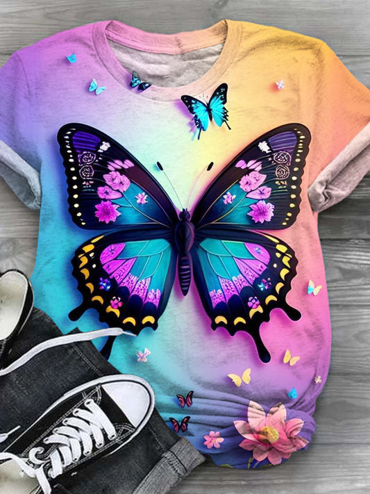 Colorful Butterfly Print Crew Neck T-Shirt