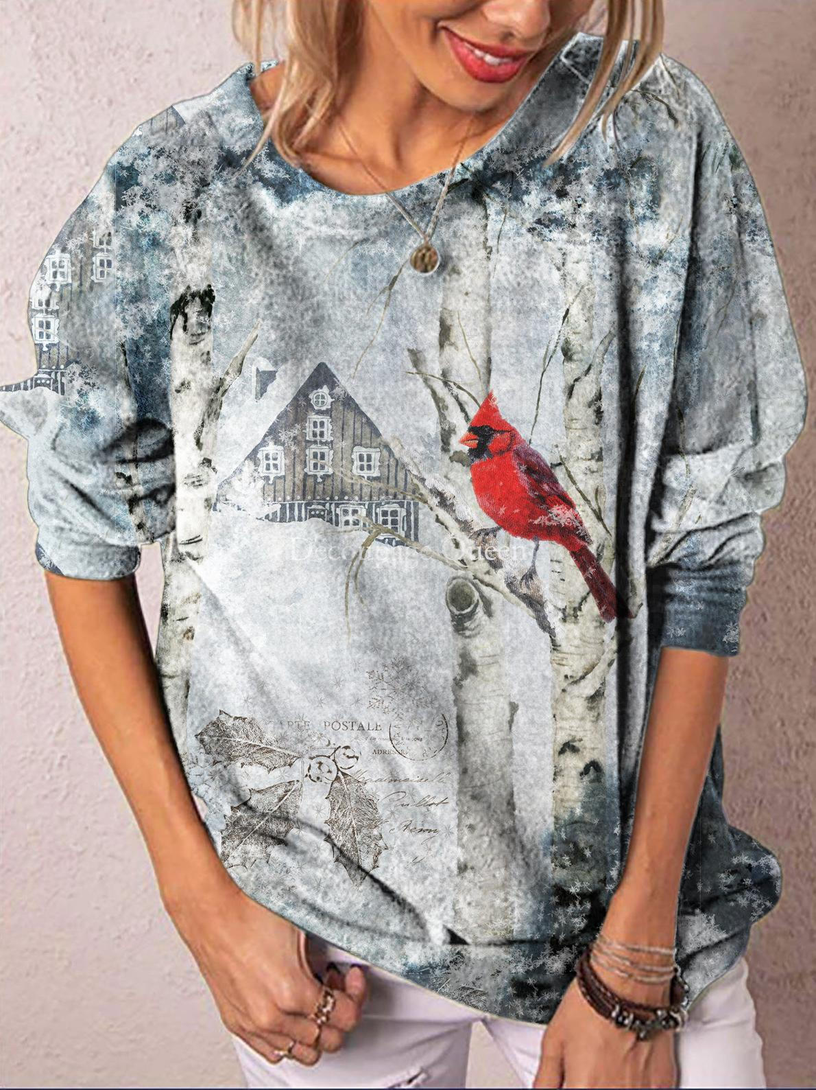 Winter Cardinal Print Crew Neck Long Sleeve Top