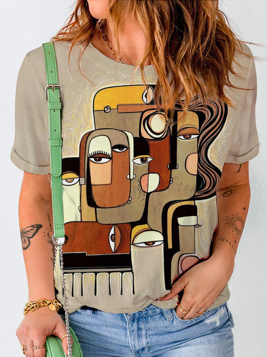 Abstract Facial Print Crew Neck T-shirt