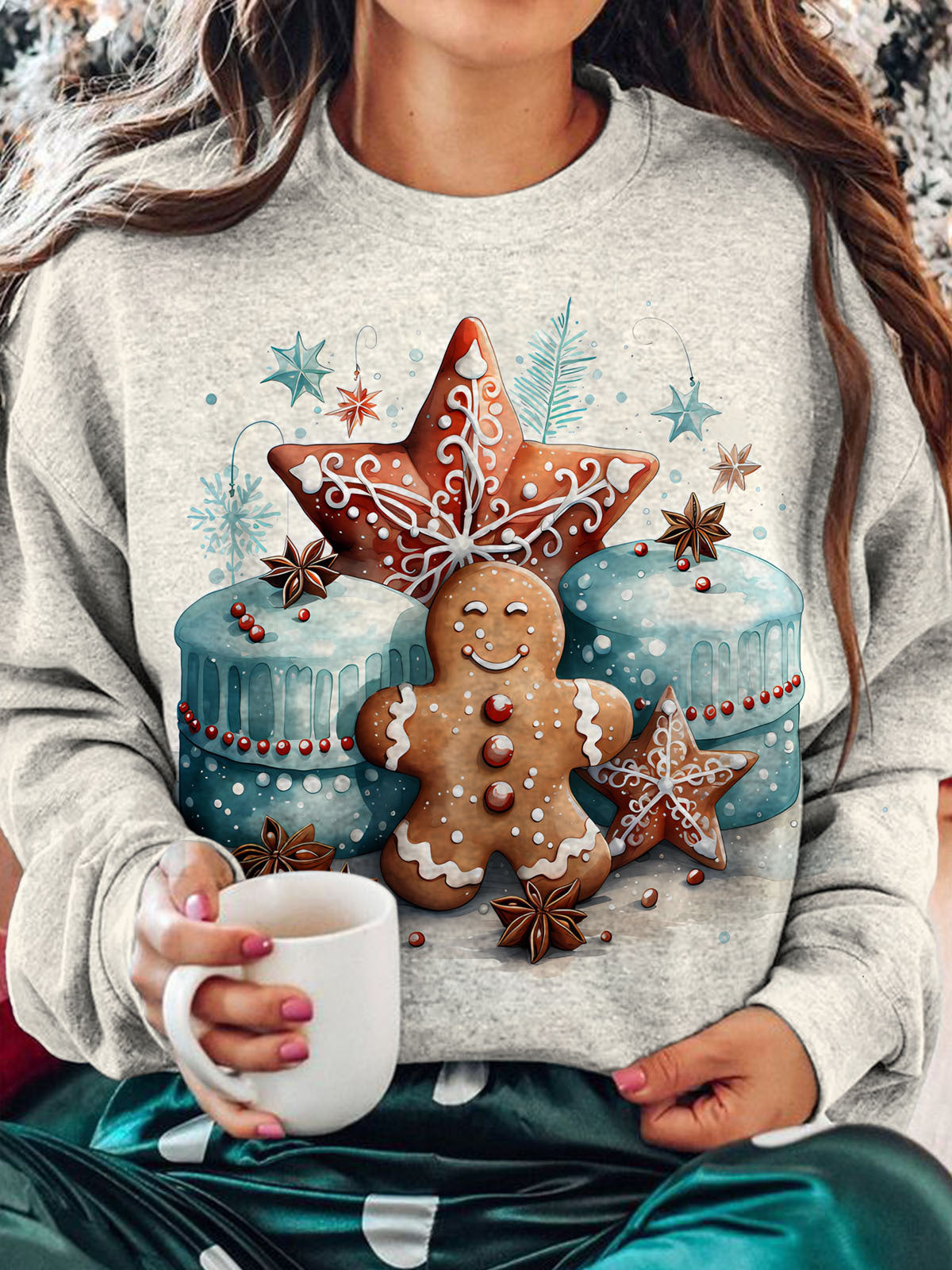 Women's Christmas Cookies Print Round Neck Long Sleeve Top