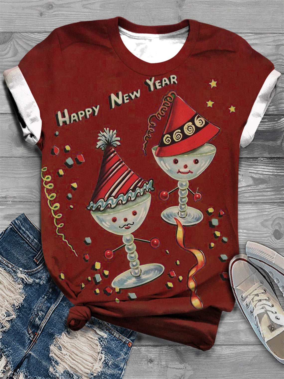 New Year Retro Wine Glass Print Round Neck T-Shirt