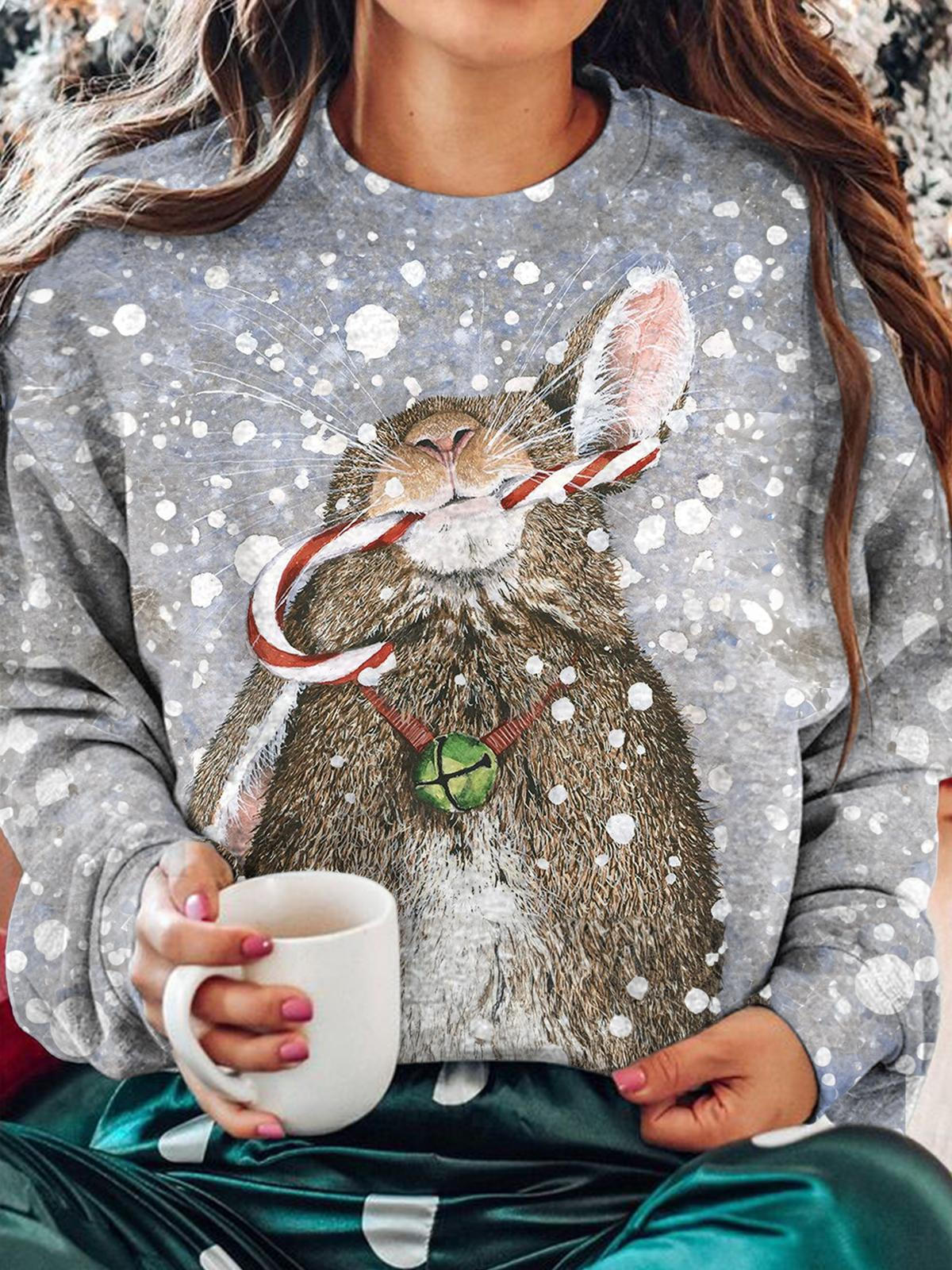 Women's Winter Christmas Bunny Print Top