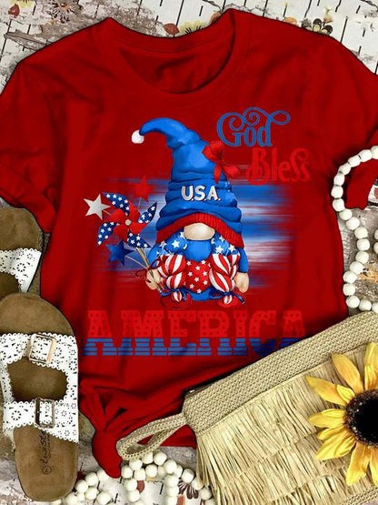 Patriotic Gnome Print Round Neck Short Sleeve T-Shirt