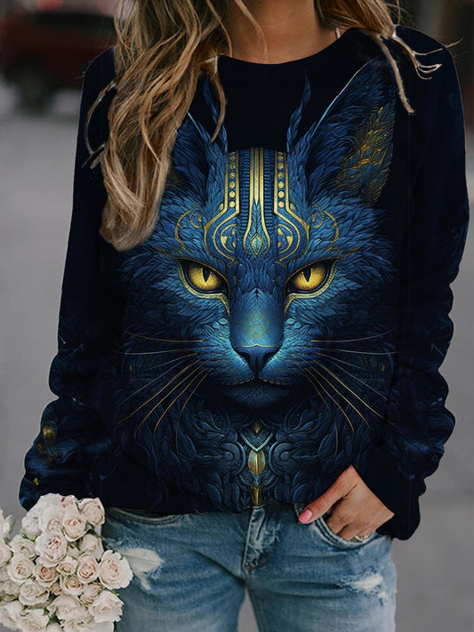 Blue Egyptian Cat Long Sleeve Casual Top