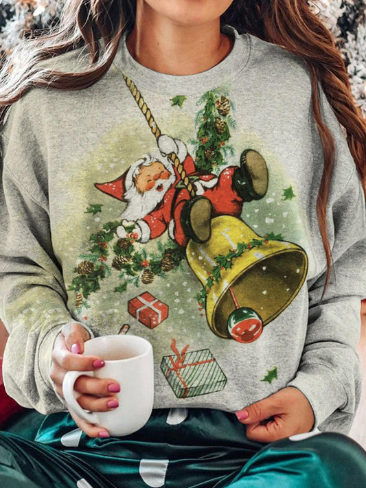 Women's Santa Claus Bell Print Round Neck Long Sleeve Top