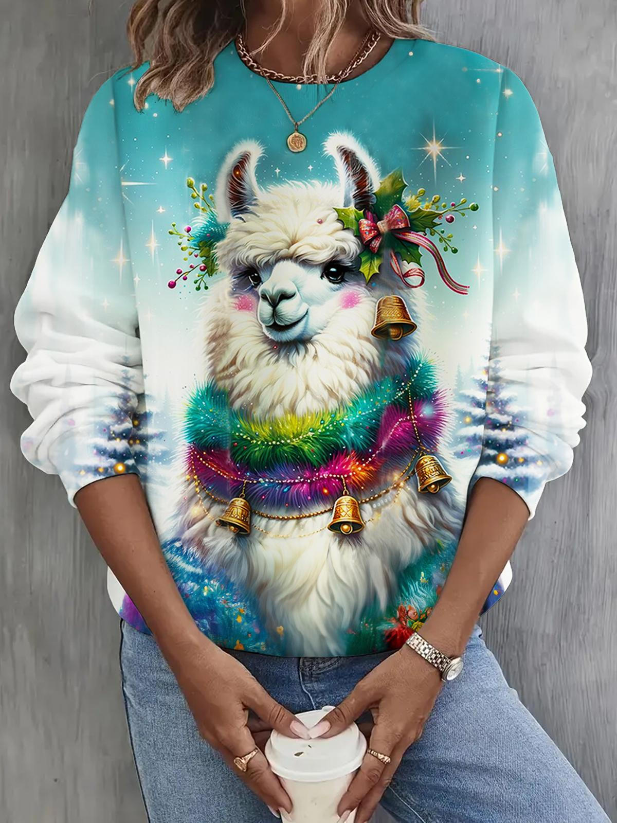 Christmas Llama Print Long Sleeve Casual Top