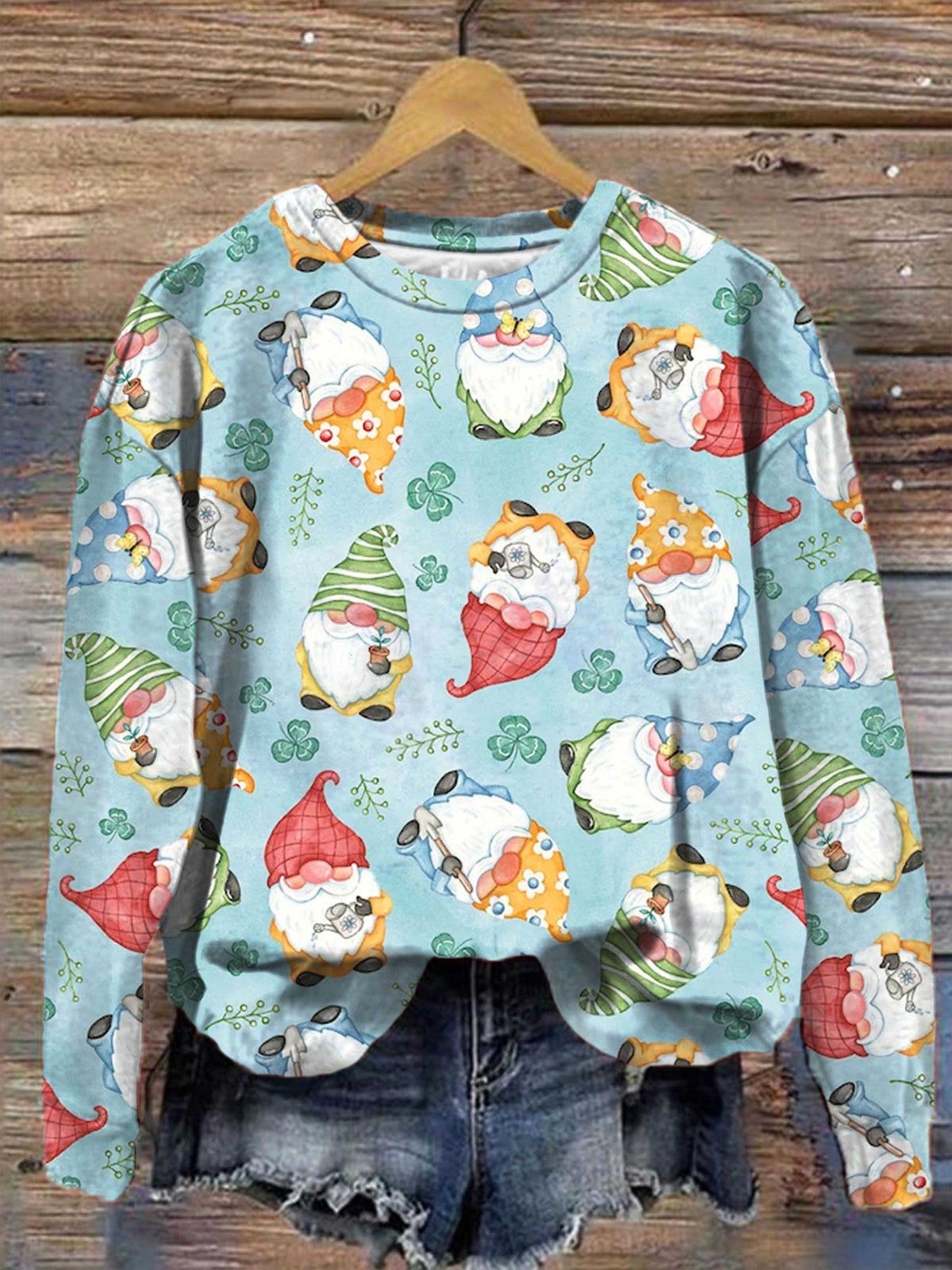 Gnome Gardeners Print Round Neck Long Sleeve Top