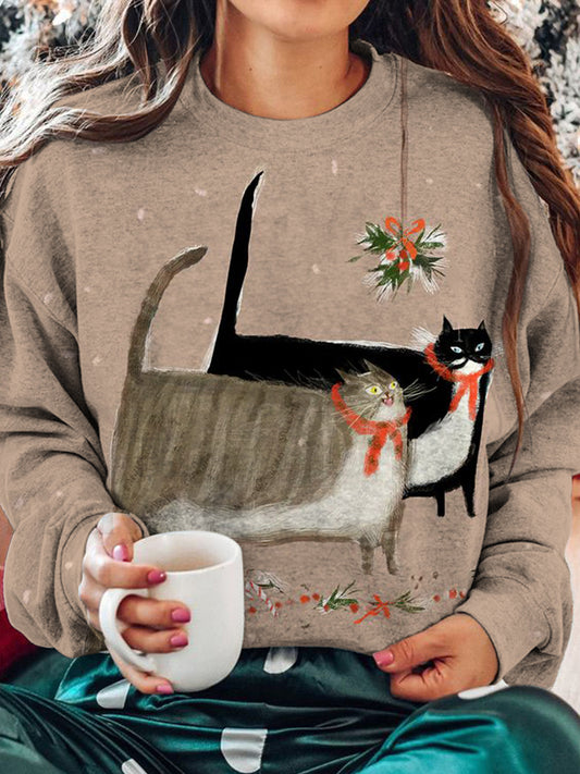 Christmas Cats Print Long Sleeve Casual Top