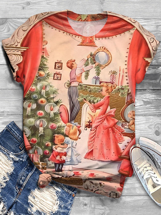 Vintage Christmas Print Crew Neck T-shirt