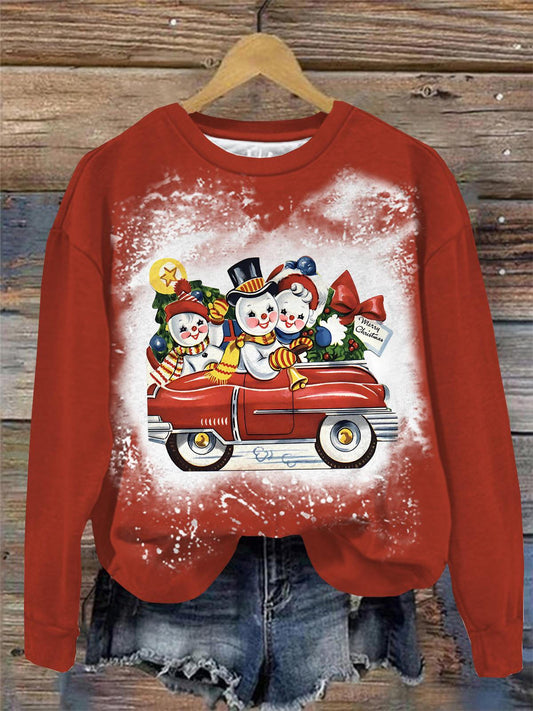 Christmas Snowman Print Round Neck Long Sleeve Top