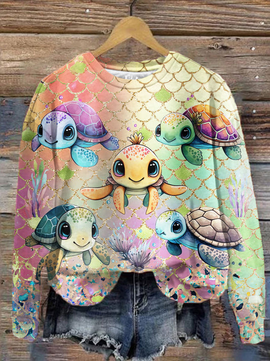 Women's Cute Turtles Print Round Neck Long Sleeve Top