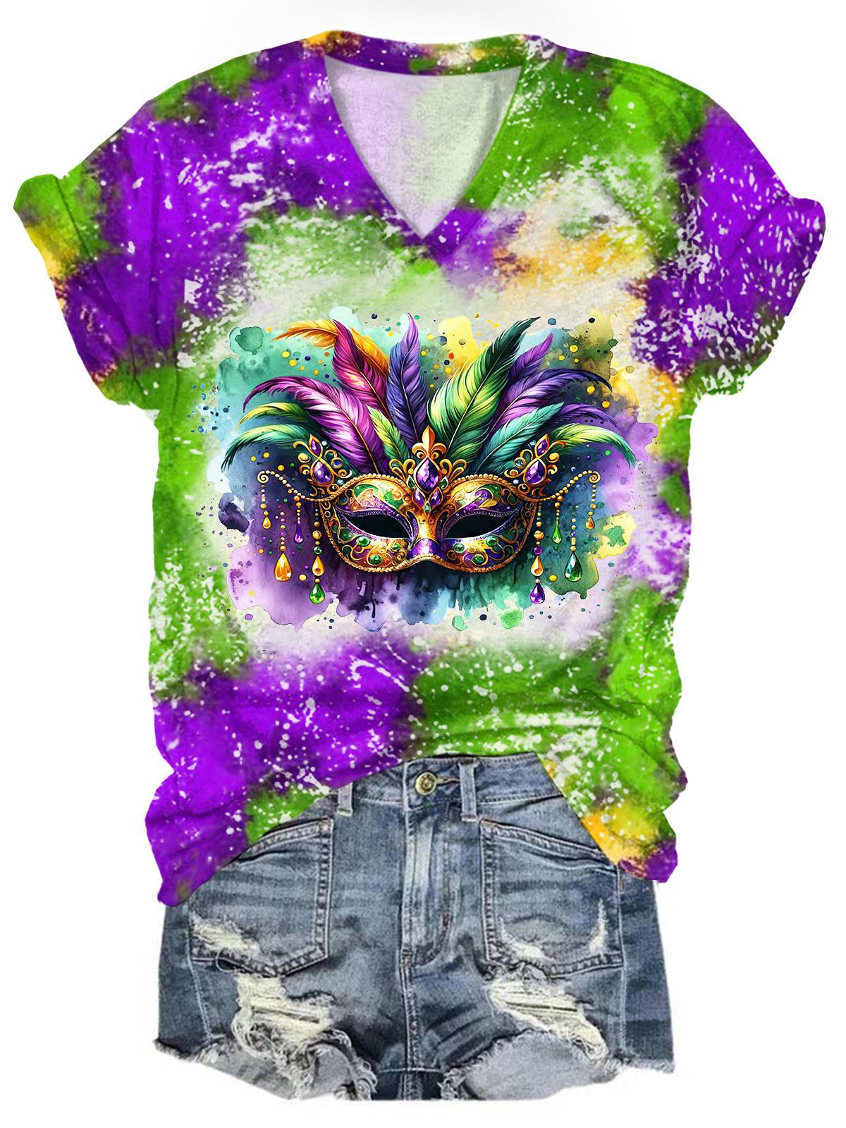 Women's Mardi Gras Mask Print V-Neck Top