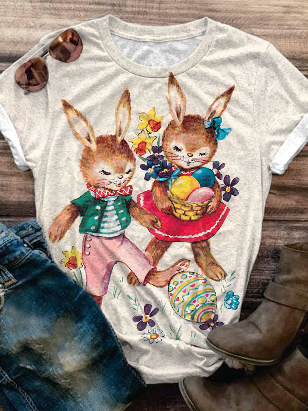 Vintage Easter Bunny Print Short Sleeve Crew Neck T-Shirt