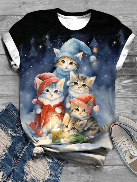 Watercolor Christmas Cats Crew Neck T-Shirt