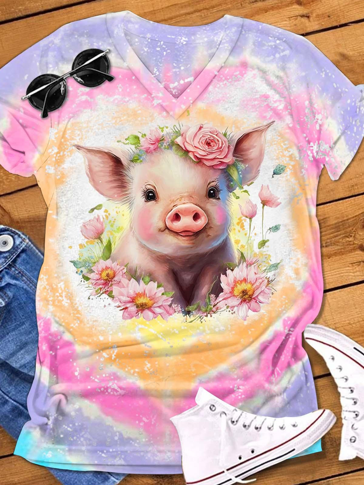 Floral Pig Tie Dye Print V Neck T-Shirt