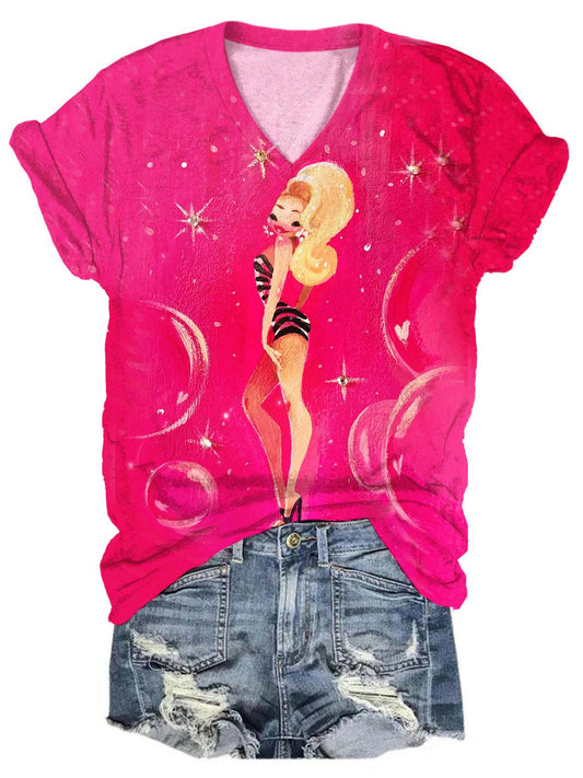 Women's Pink Art Print V-Neck Top