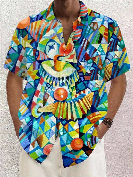 Abstract Clown Print Short Sleeve Men's Shirts With Pocket