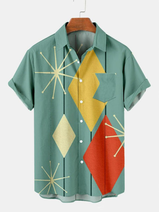 Vintage Contrasting Colors Square Printed Short Sleeve Men's Shirts With Pocket