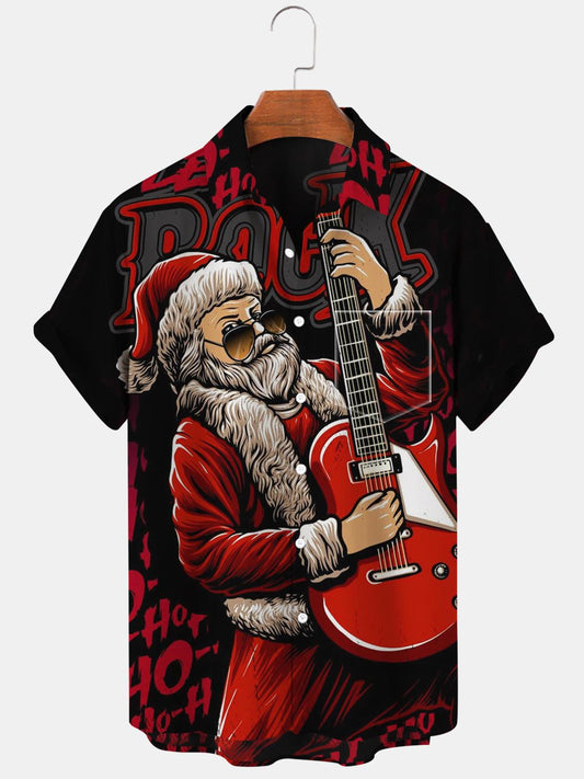 Christmas Santa Claus Guitar Short Sleeve Men's Shirts With Pocket