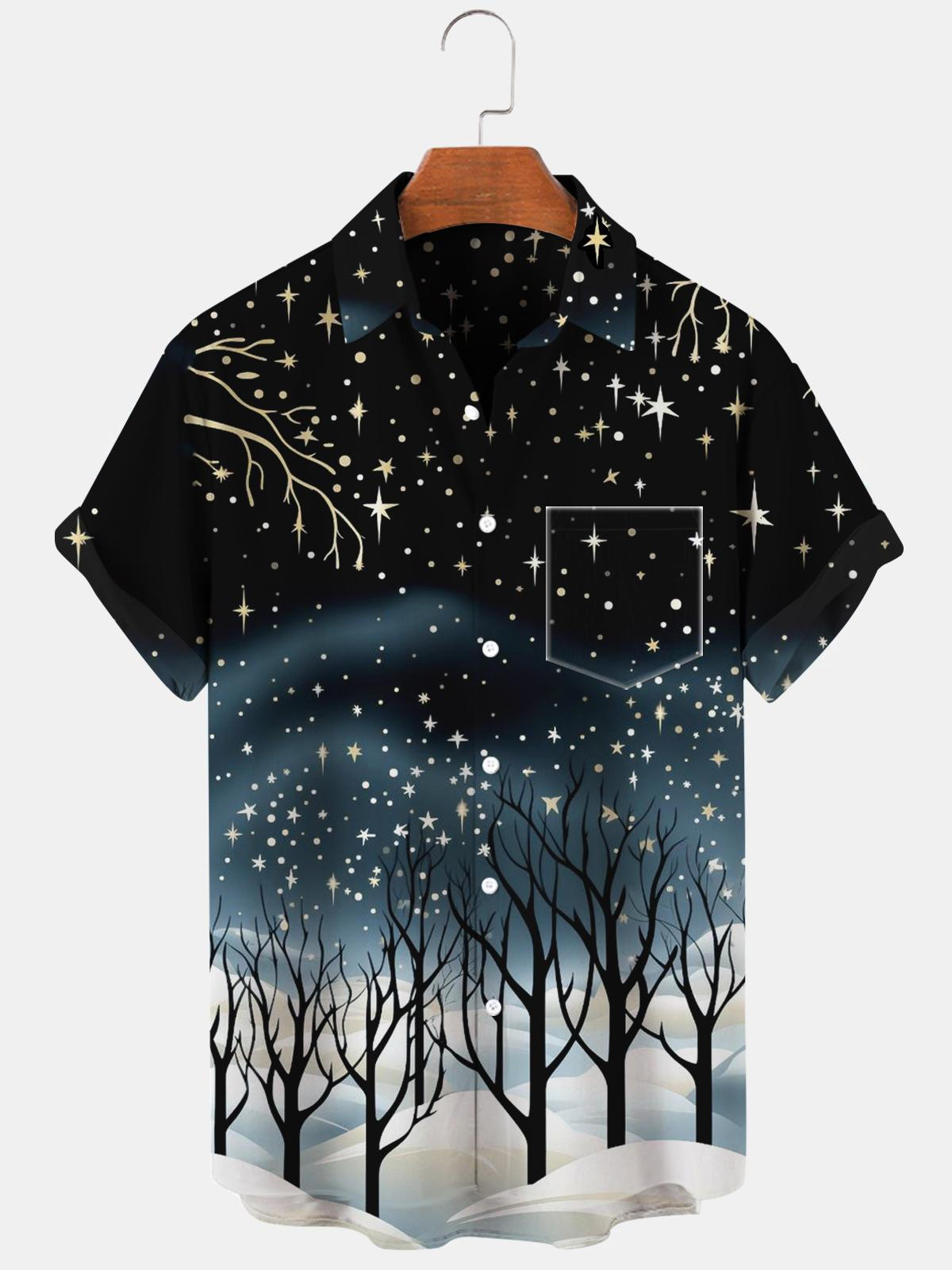 Winter Baum Stern Schnee Kurzarm herren Hemden Mit Tasche