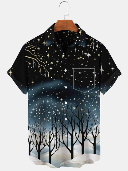 Winter Baum Stern Schnee Kurzarm herren Hemden Mit Tasche