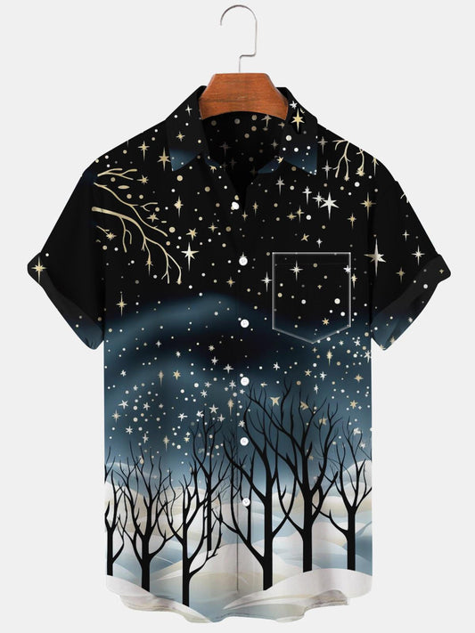 Winter Baum Stern Schnee Kurzarm herren Hemden Mit Tasche