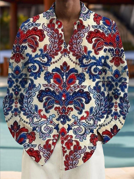 Flower Long Sleeve Men's Shirts With Pocket